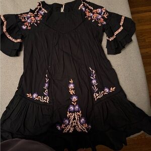 Free People Black Smocked Ruffled Mini Dress